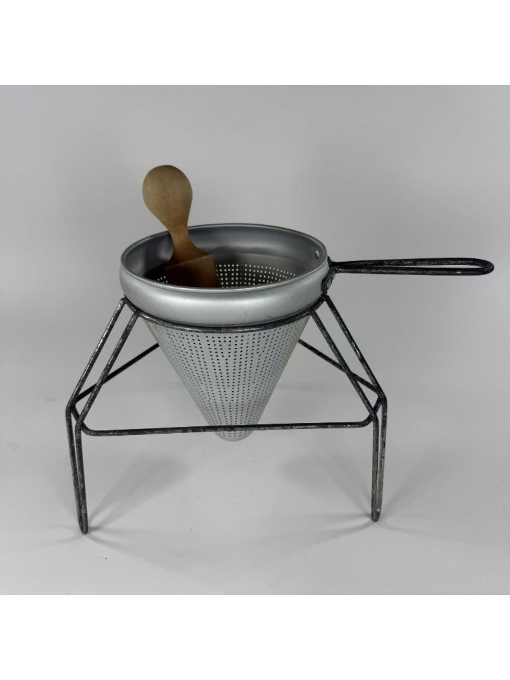 Vintage Cone Shaped Aluminum Colander Stand Wooden Pestle Straining & Mashing